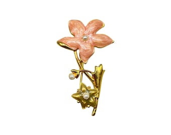 Vintage Pink Floral Enamel Gold Tone Pin Brooch With Faux Pearl Accents