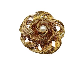 Vintage Gold Tone Wire Flower Brooch with Faux Pearl Center Rose Flower