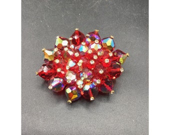 Vintage Red Beaded Brooch AB Aurora Borealis Crystals Cluster Statement Pin