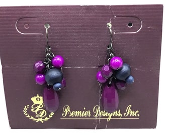Purple Beaded Dangles Earrings Premier Designs Vintage Old Stock New On Card