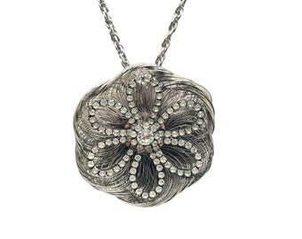 Vintage Wirework Necklace Silver Tone Flower Clear Rhinestones 70s Jewelry