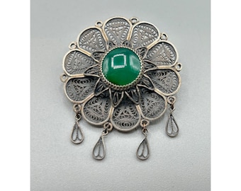 Vintage Sterling Silver Filigree Flower Brooch Dangles Green Semi Precious Stone