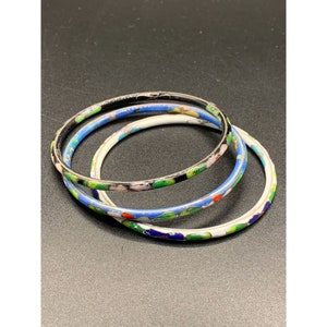 Cloisonne bracelets set of 3 enameled bangles white black and blue