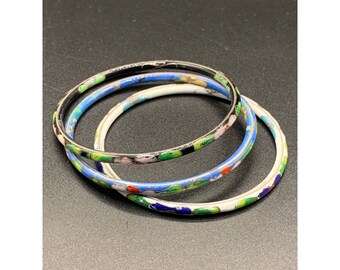 Cloisonne bracelets set of 3 enameled bangles white black and blue