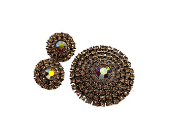 Signed Weiss Vintage Brooch & Clip On Earrings Set Autumn Fall Color Rhinestones