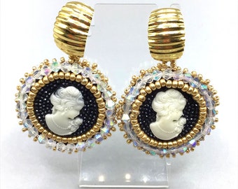 Beaded Cameo Earrings Handcrafted Gold Tone Aurora Borealis Crystals Dangles