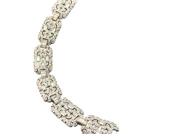 KTF Trifari Signed Art Deco Bracelet Rhodium Plated Link Rhinestones Vintage