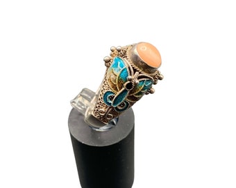 Chinese Export Coral Ring Sterling Silver and Enamel Size 7