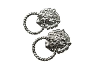 Vintage 80s 90s Lion Head Clip en pendientes puerta aldabas clips de tono plata mate