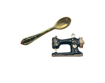 Sewing Machine And Petite Spoon Pin Brooches Set Of Two Vintage Small Jewelry