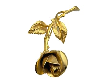 Signed PASTELLI Rose Flower Pin Brooch Gold Tone Classic Rose With Stem Design