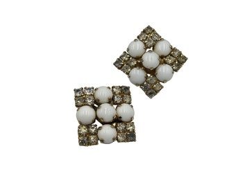 Signed La Rel Milk Glass Clip On Earrings White Gold Tone Square Vintage Clips