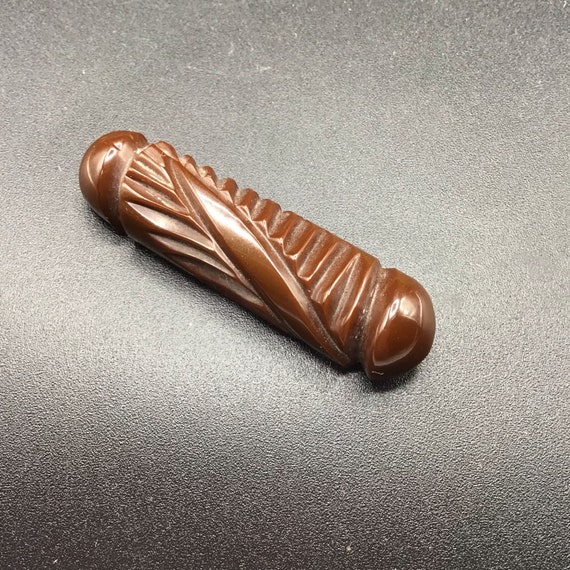 Carved Bakelite Bar Pin Deep Brown Elongated Vint… - image 1