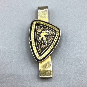 Damascene Tie Bar or Money Clip Made in Spain Gold Tone and Black Bird Design