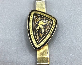 Damascene Tie Bar or Money Clip Made in Spain Gold Tone and Black Bird Design
