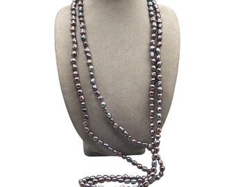 Peacock Pearls Necklace 76" Long Single Strand Cultivated Hand Knotted Irregular Pearls