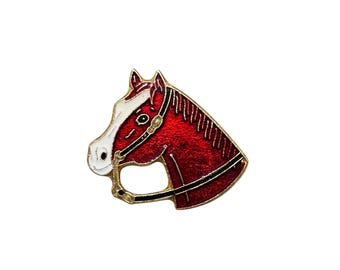 Horse Head Tack Pin Red And White Enamel Lapel Pin Signed HR