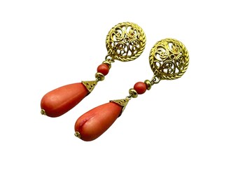 Vintage Long Dangles Earrings Pierced 80s 90s Jewelry Faux Coral Gold Tone Metal