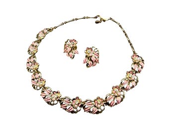 Vintage Pink Floral Necklace And Matching Earrings 70s Enamel Costume Jewelry