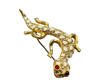 Vintage Gecko Pin Brooch Gold Tone with White Enamel Spots Animal Figural Pin