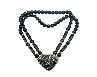 Vintage 70s 80s Trifari Geometric Black Enamel Necklace with Plastic Beads