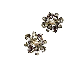 Vintage Rhinestones And Faux Pearls Earrings Pierced Studs Clear Prong Set Silver Tone