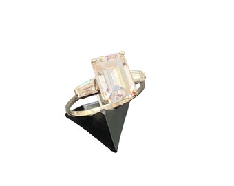 Sterling Silver Radiant Emerald Cut Ring Clear Stone Crystal 925 Large Size 9.75