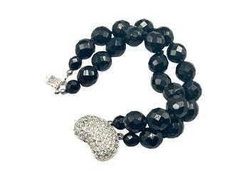 Carolee Black Glass Beaded Bracelet Double Strand with Crystal Encrusted Clasp