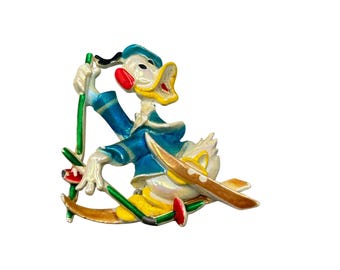 Walt Disney Enamel Donald Duck Skiing Brooch Collectible Vintage Pin
