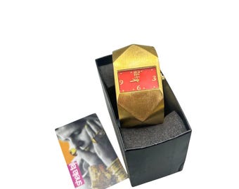 SHEILA FAJL Watch Bracelet Brushed Matte Gold Tone Chunky Clamper Hinged Bangle