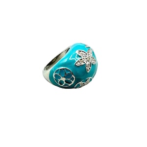 Blue Turquoise Enamel & Rhinestones Ring Size 6.5 Silver Tone Star Flower Design