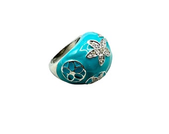 Blue Turquoise Enamel & Rhinestones Ring Size 6.5 Silver Tone Star Flower Design
