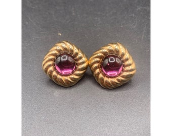 Purple Glass Cabochons Clip On Earrings Gold Tone Retro 80s 90s Costume Jewelry