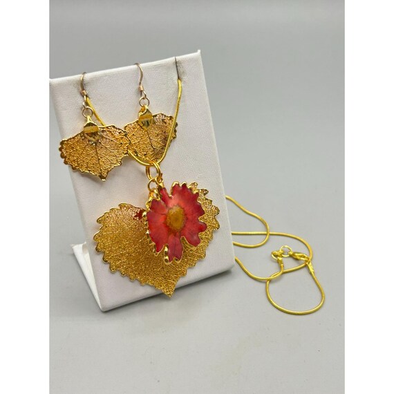 Gold Plated Dipped Leaf Necklace & Earrings Set W… - image 2