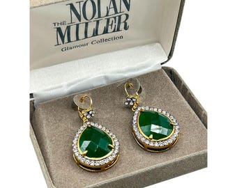 Vintage NOLAN MILLER Drops Earrings Emerald Green Glass And Rhinestones Pierced Lever Back