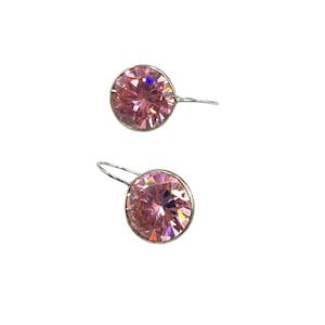 Sterling Silver Pink Earrings Crystal Round Drop Dangles Round Crystal Dainty