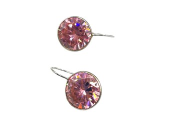 Sterling Silver Pink Earrings Crystal Round Drop Dangles Round Crystal Dainty