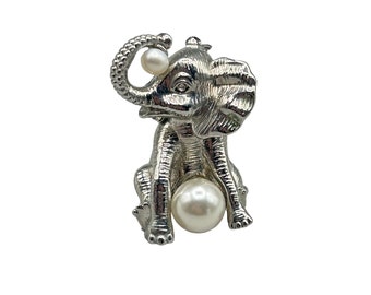 Dimensional Elephant Pin Brooch with Pearls Silver Tone Figural Unsigned Vintage