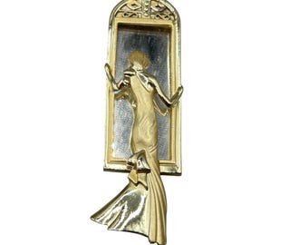 AJC Woman With Mirror Pin Brooch Matte Gold Tone
