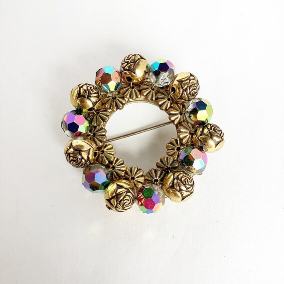 AB glass and roses beaded  wreath brooch aurora b… - image 1