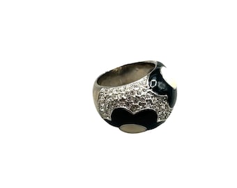 90s Ring Domed Rhinestones Pave with Enamel Flowers Size 7 Silver Tone Metal