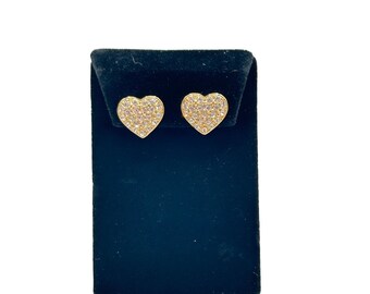 Vintage Rhinestones Pave Hearts Earrings Petite Clip On Gold Tone Love Jewelry
