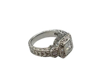 Sterling Silver Ring Size 7.5 Princess-Cut Cubic Zirconia Solitaire And Side Stones