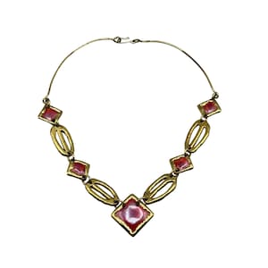 Vintage 70s Brutalist Necklace Handcrafted Brass & Enamel Statement Jewelry
