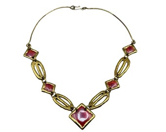 Vintage 70s Brutalist Necklace Handcrafted Brass & Enamel Statement Jewelry