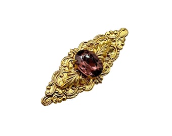 Vintage Pin Brooch Purple Glass Stone Ornate Gold Tone Metal Stamping Pin