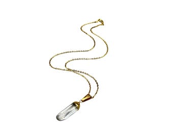Vintage Clear Quartz Pendulum Necklace Gold Tone Semi Precious Genuine Stone