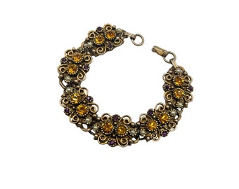 Topaz Color Rhinestones Bracelet Faux Pearls Vintage Gold Tone Scrolls Design