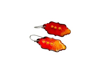 Vintage Enamel Over Metal Dangles Earrings Mid Century Orange Red Ombre Color