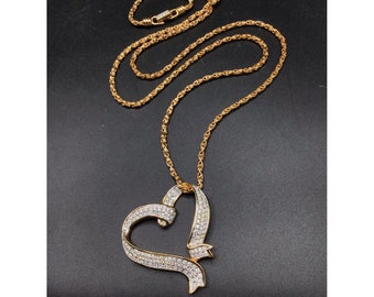 Swarovski Heart Necklace Crystals Pave Gold Tone with Byzantine Pattern Chain